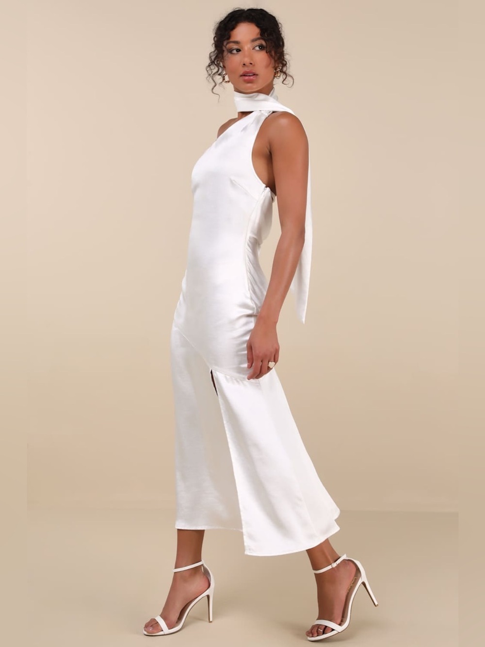 LULU'S Reglan White Satin One-Shoulder Sash Midi Dress - Picture 2 of 6